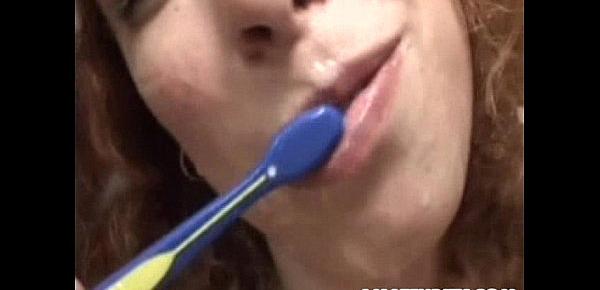 She brushes her teeth with cum after a gangbang